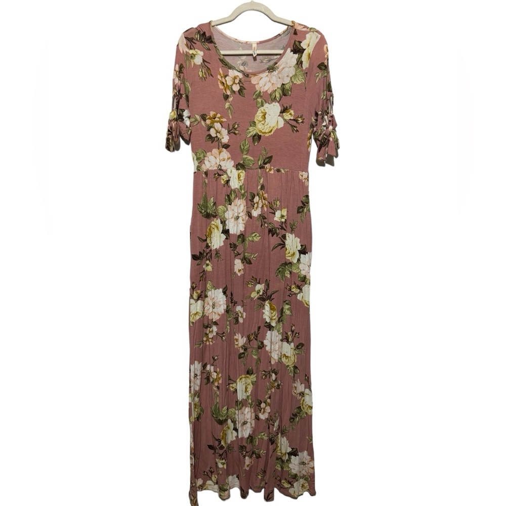 Orange Creek Pink Floral Shirt Sleeve Jersey Knit Modest Maxi Dress Size Large